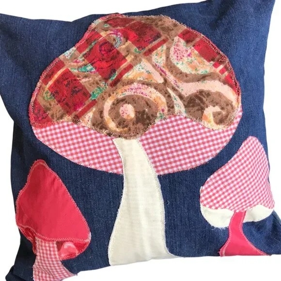 Mushroom Pillow Cover Handmade 18 x18 Whimsical Fungi Cottagecore Recycled Denim - Picture 3 of 9